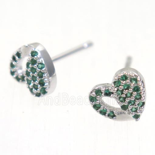 copper Heart earring studs paved zircon, platinum plated