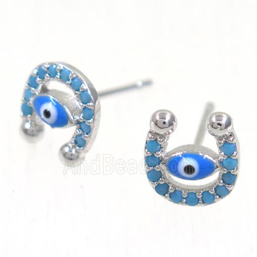 copper evil eye earring studs paved zircon, U-shape, platinum plated