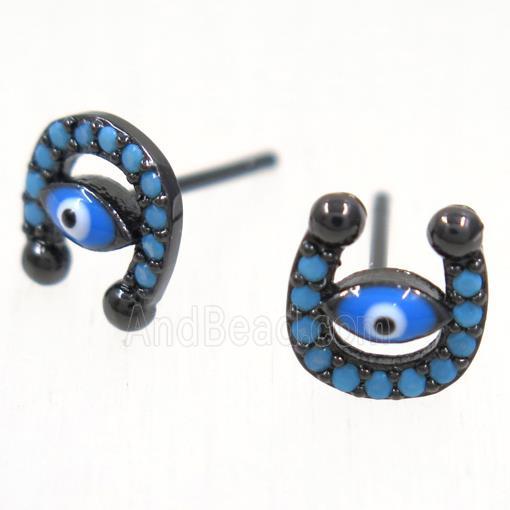 copper evil eye earring studs paved zircon, U-shape, black plated