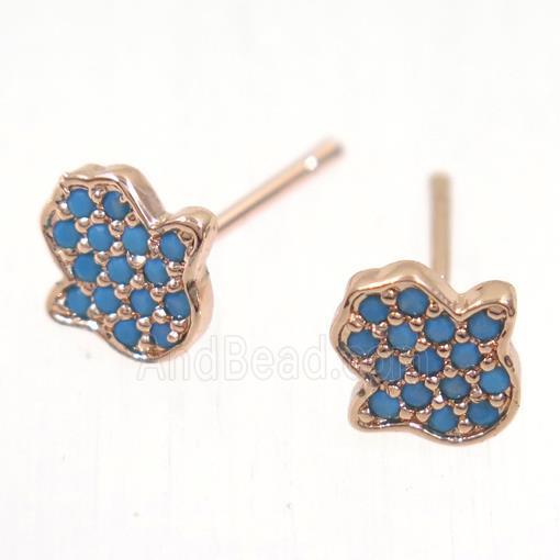 copper hamsahand earring studs paved zircon, rose gold