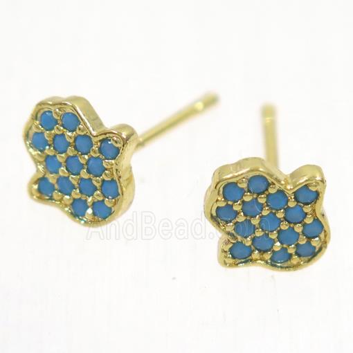 copper hamsahand earring studs paved zircon, gold plated