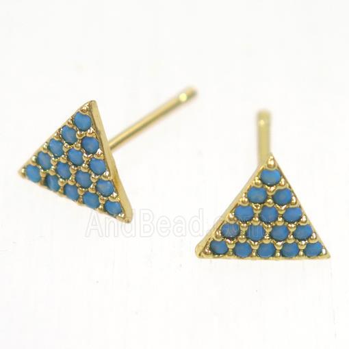 copper triangle earring studs paved zircon, gold plated