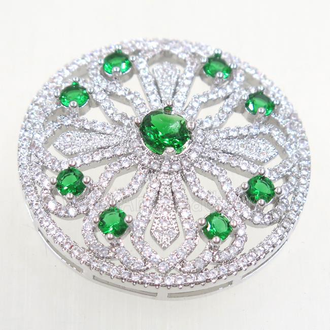 copper circle connector paved green zircon, platinum plated