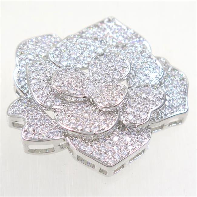copper RoseFlower connector paved zircon, platinum plated
