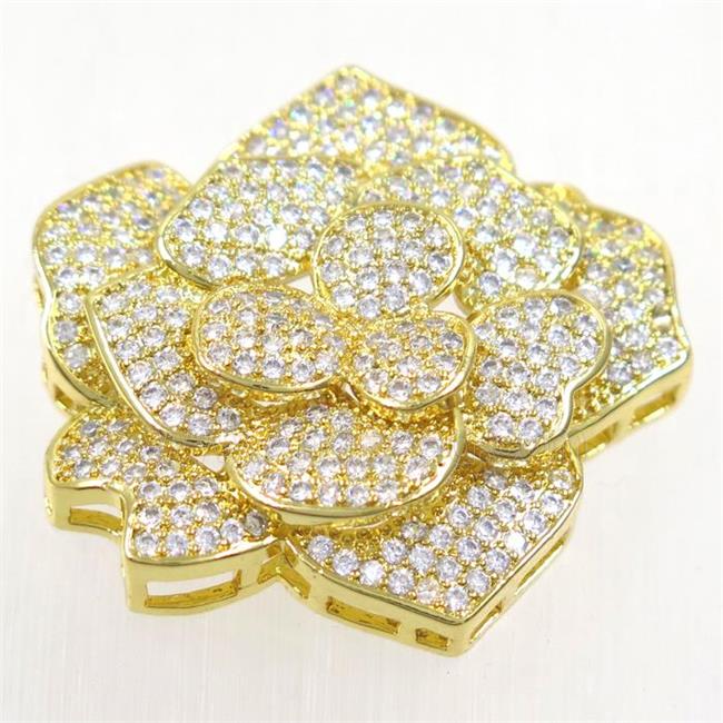 copper RoseFlower connector paved zircon, gold plated