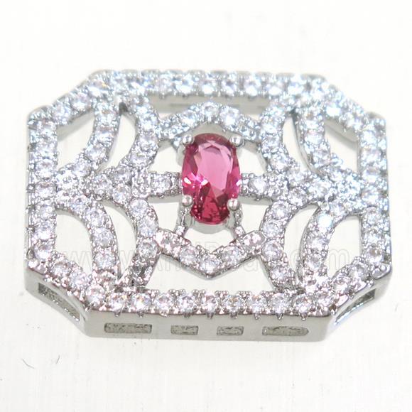 copper rectangle connector paved red zircon, platinum plated