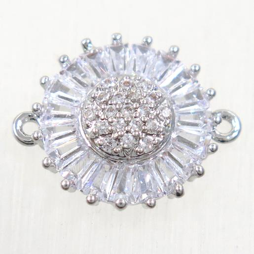 copper sunflower connector paved zircon, platinum plated