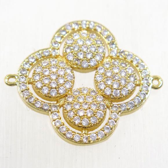 copper clover connector paved zircon, gold plated