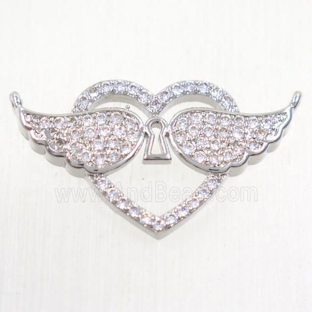 copper pendants paved zircon with 2loops, angel wings, platinum plated