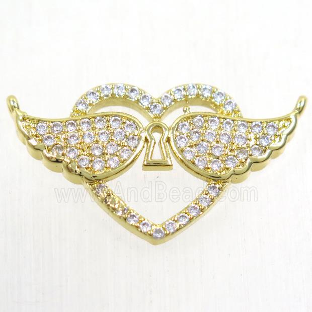 copper pendants paved zircon with 2loops, angel wings, gold plated