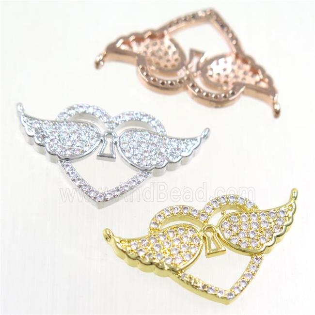 copper pendants paved zircon with 2loops, angel wings, mix color