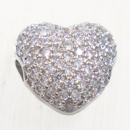 copper heart beads paved zircon, platinum plated
