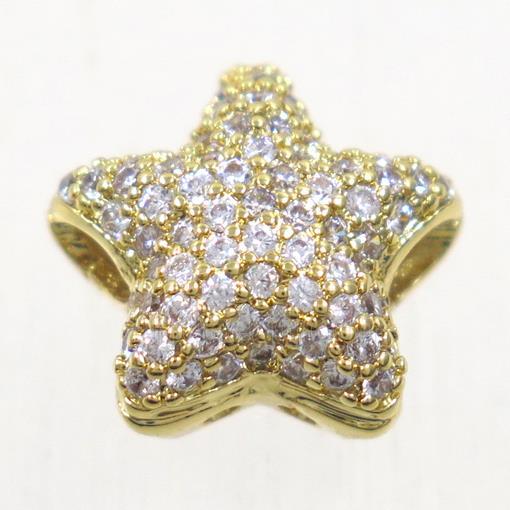 copper star beads paved zircon, gold plated