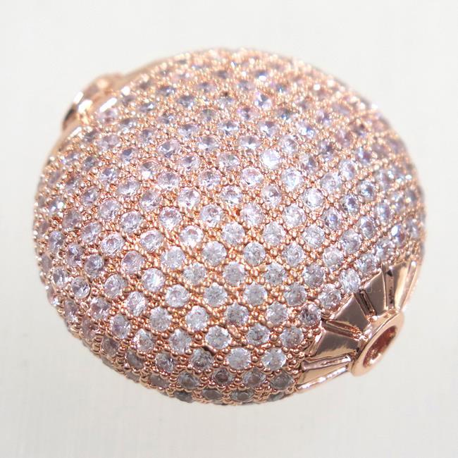 copper beads paved zircon, flat round, rose gold