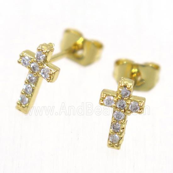 copper cross earring studs paved zircon, gold plated