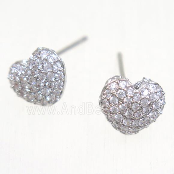 copper heart earring studs paved zircon, platinum plated
