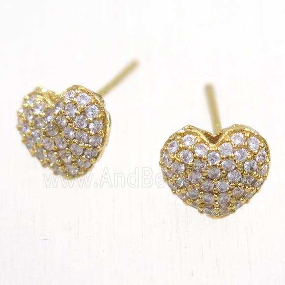 copper heart earring studs paved zircon, gold plated