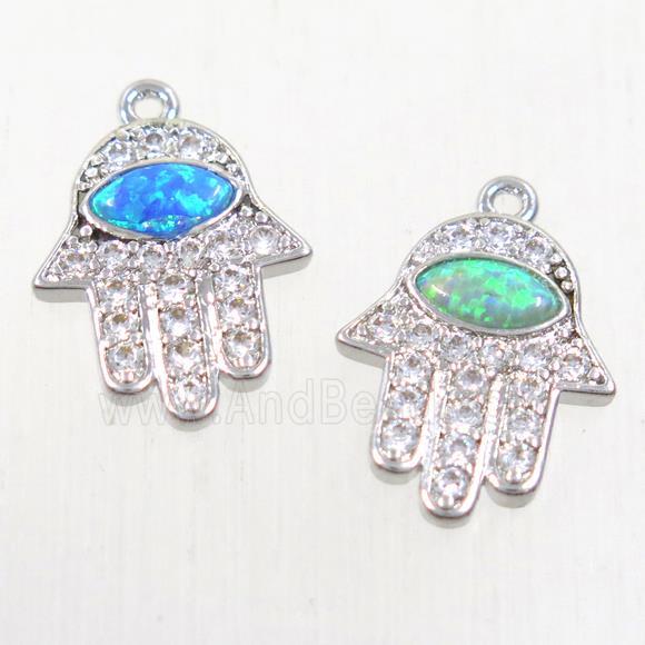 copper hamsahand pendants paved zircon with fire opal, mix, platinum plated