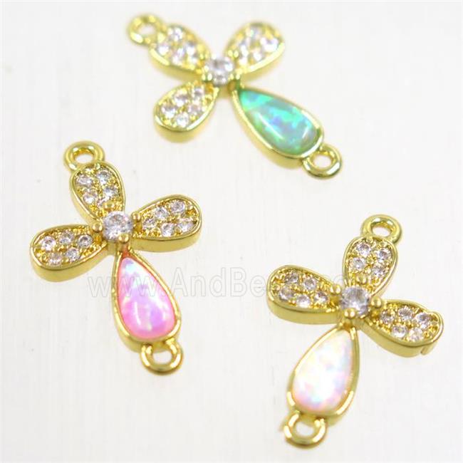 copper cross connector paved zircon with fire opal, mix color, gold plated