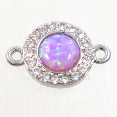 copper circle connector paved zircon with pink fire opal, platinum plated
