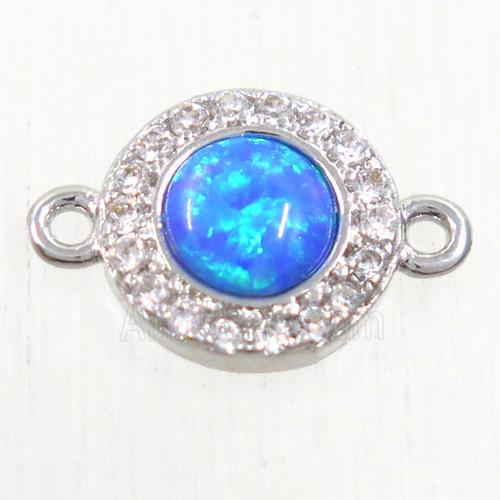 copper circle connector paved zircon with blue fire opal, platinum plated