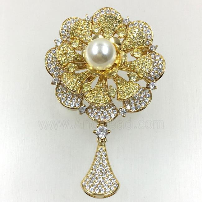 copper flower brooches pave zircon with pearl, revolvable, gold plated