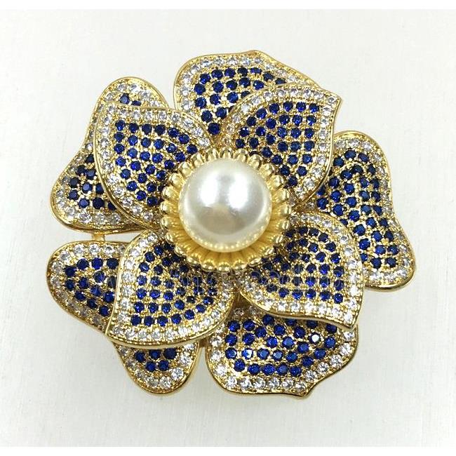 copper flower brooches pave zircon with pearl, revolvable, gold plated