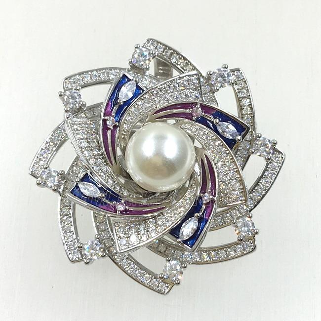 copper flower brooches pave zircon with pearl, revolvable, platinum plated