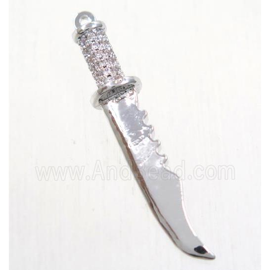copper pendant paved zircon, knife, platinum plated
