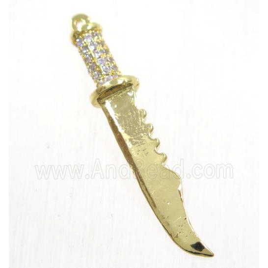 copper pendant paved zircon, knife, gold plated
