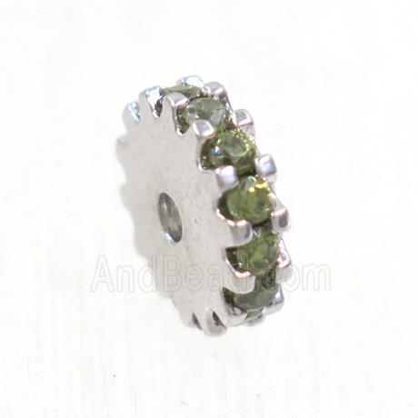 copper rondelle beads pave olive zircon, platinum plated