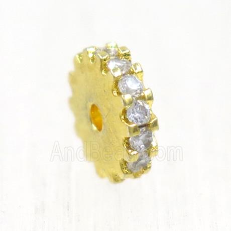 copper rondelle beads pave zircon, wheel, gold plated