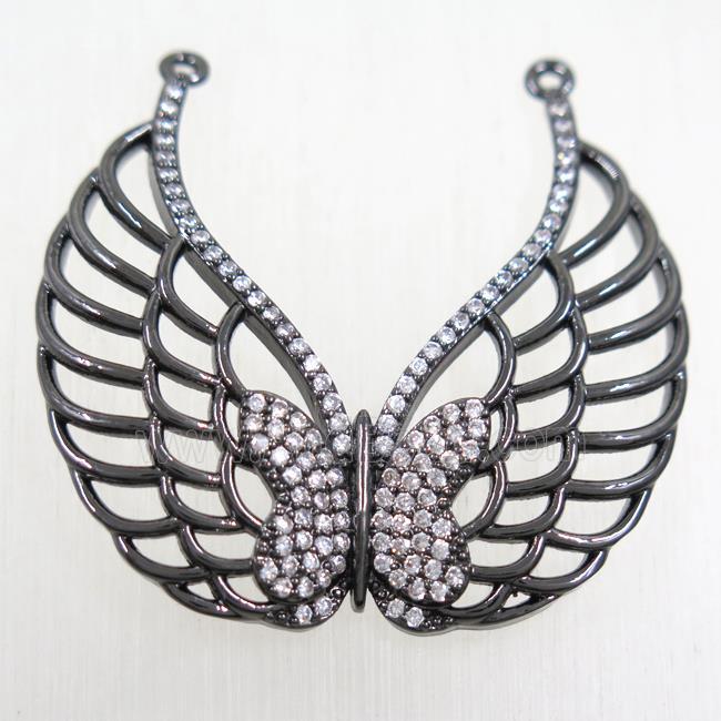 copper pendant paved zircon, angel wing, black plated