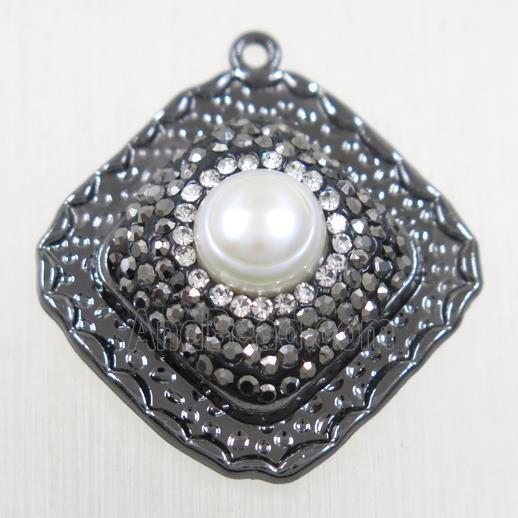 copper square pendant paved rhinestone with pearl, black plated