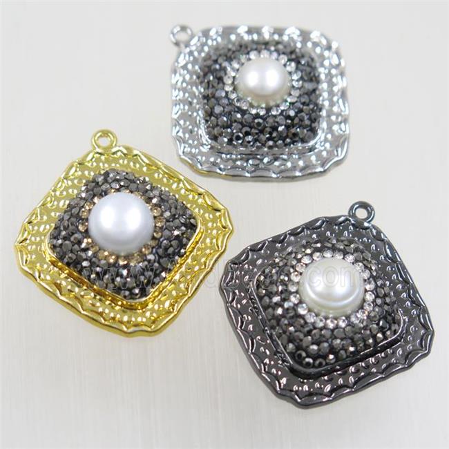 copper square pendant paved rhinestone with pearl, mix color