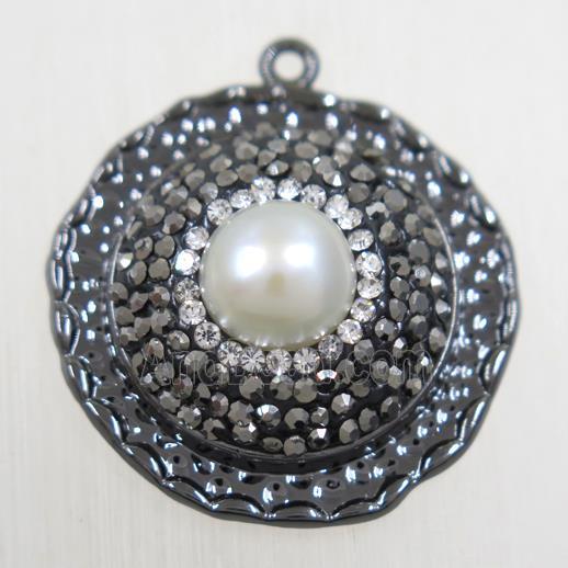 copper circle pendant paved rhinestone with pearl, black plated