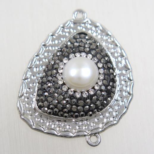 copper teardrop connector paved rhinestone with pearl, platinum plated