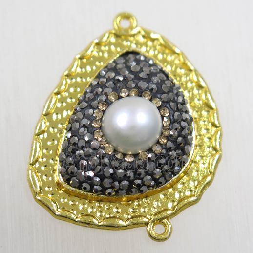 copper teardrop connector paved rhinestone with pearl, gold plated