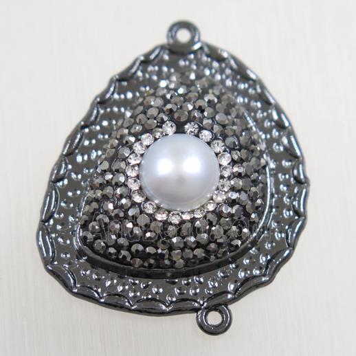 copper teardrop connector paved rhinestone with pearl, black plated