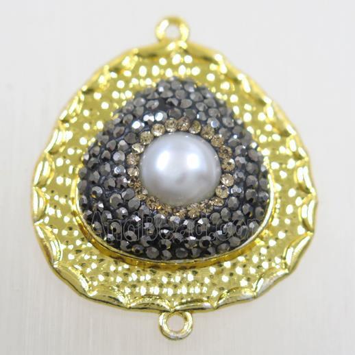 copper teardrop connector paved rhinestone with pearl, gold plated
