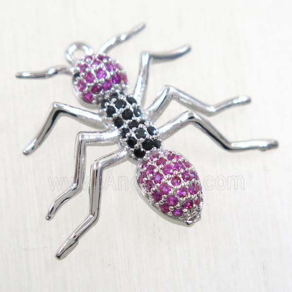 copper Ant pendant paved zircon, platinum plated