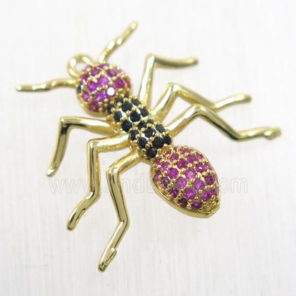 copper Ant pendant paved zircon, gold plated