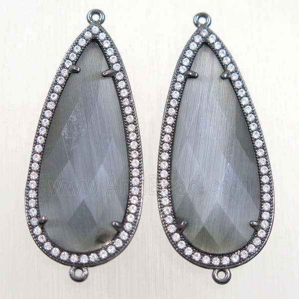 copper teardrop connector paved zircon with gray crystal glass, black plated