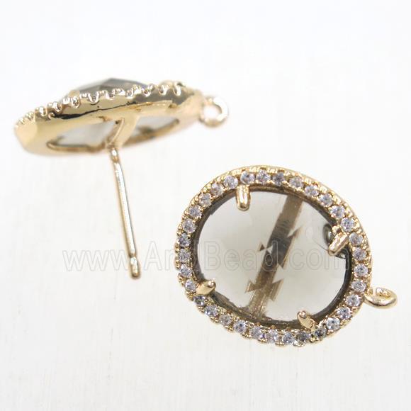 copper earring studs paved zircon with smoky crystal glass, gold plated