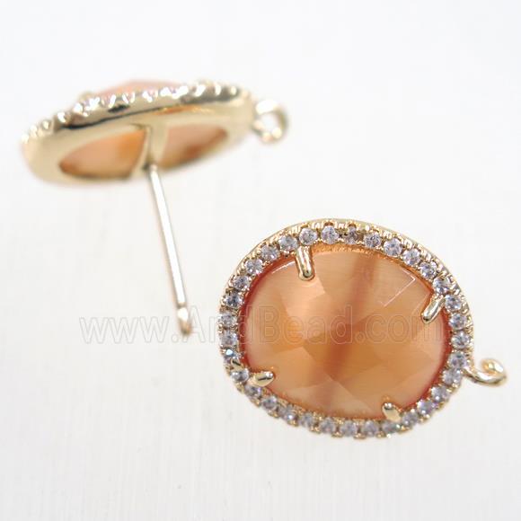 copper earring studs paved zircon with orange crystal glass, gold plated