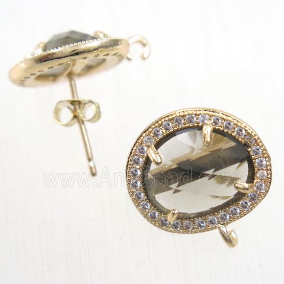 copper earring studs paved zircon with smoky crystal glass, gold plated