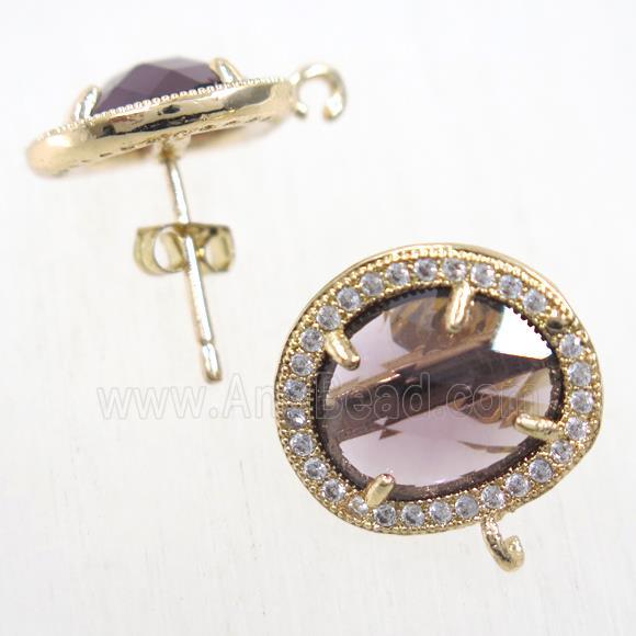 copper earring studs paved zircon with lt.purple crystal glass, gold plated