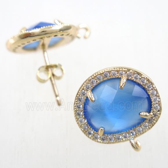 copper earring studs paved zircon with blue crystal glass, gold plated