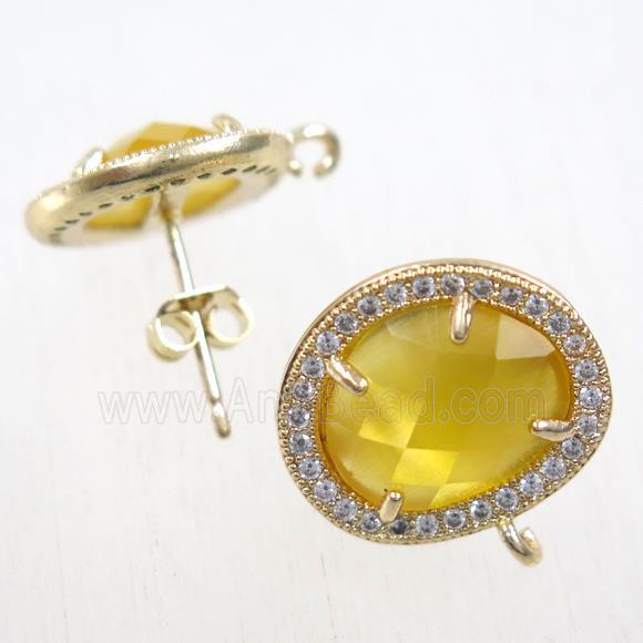 copper earring studs paved zircon with yellow crystal glass, gold plated