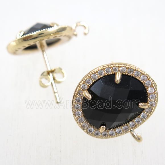 copper earring studs paved zircon with black crystal glass, gold plated